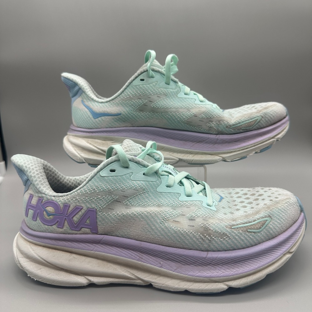 Hoka Clifton 9 Running Shoes Womens‎ 8B Sea Glass Orchid Blue Purple Athletic